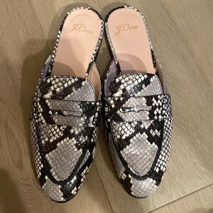 J.Crew Academy Loafer Mules Leather snake pattern 6.5 blk taupe cream